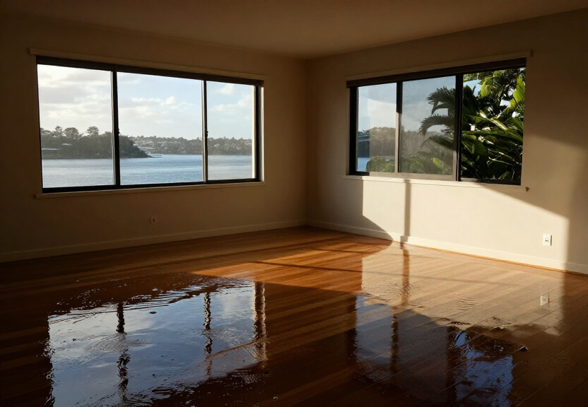 Flooded living room in Sutherland before restoration